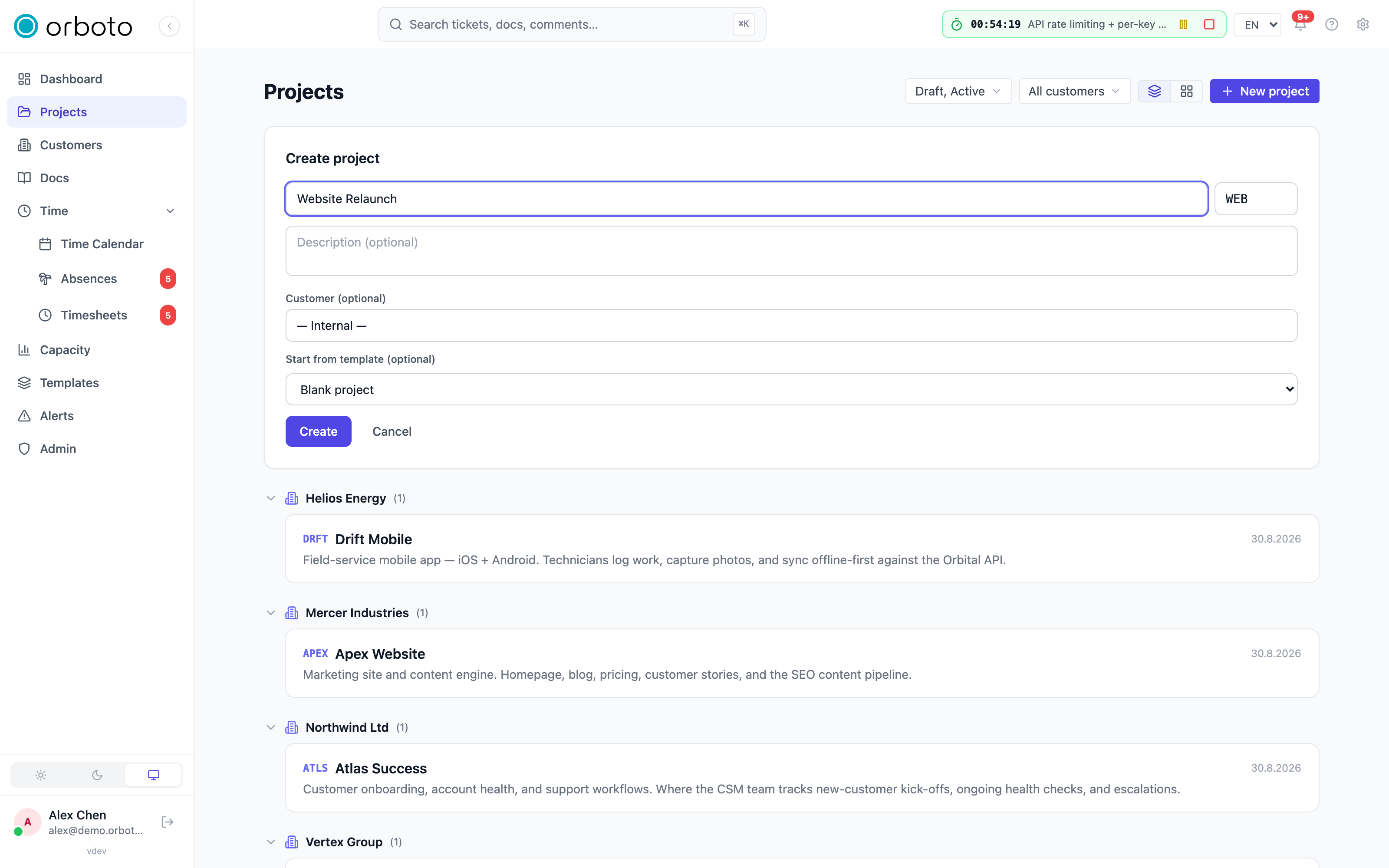 The new-project form with name, key and description fields
