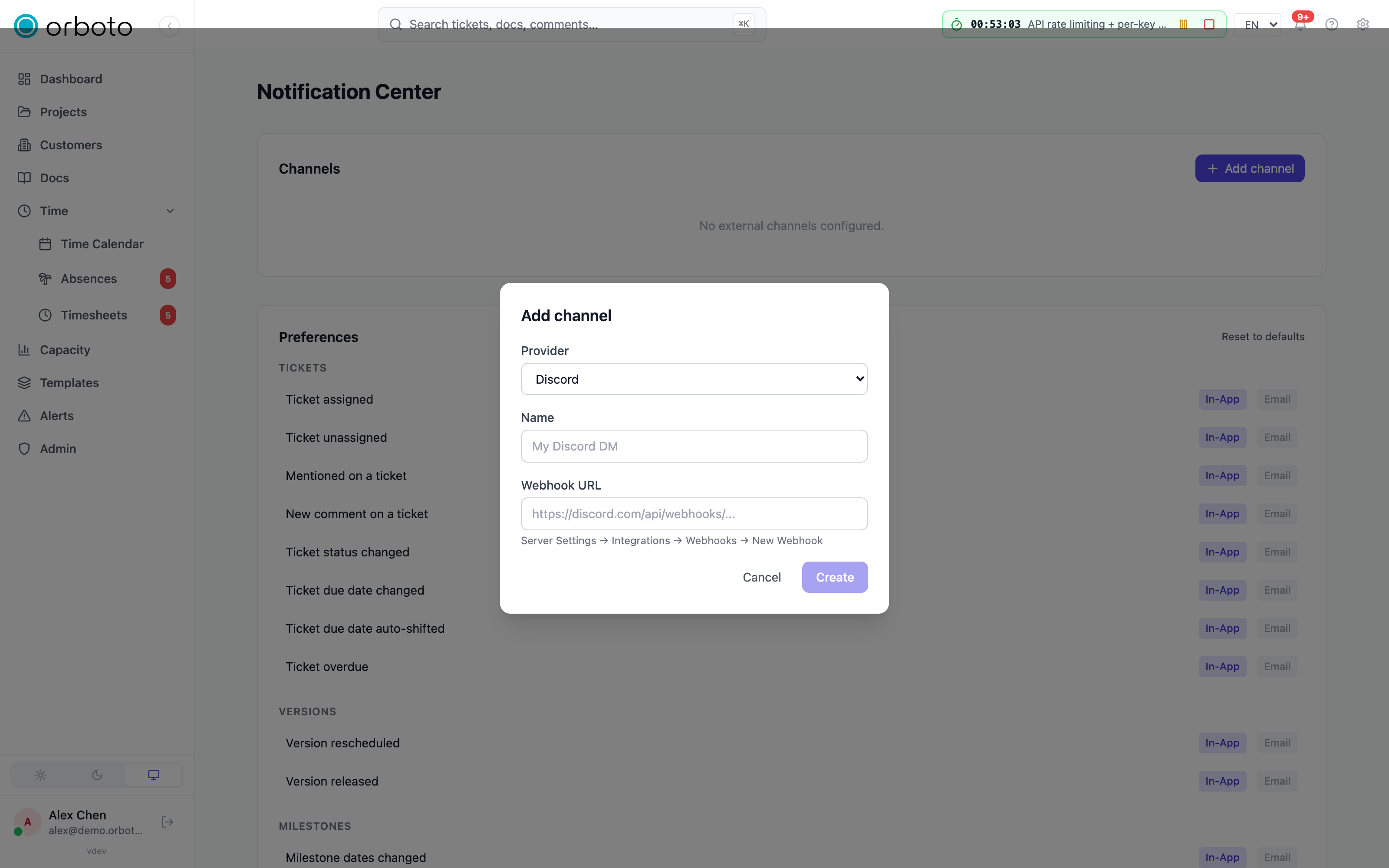 The add-channel dialog with the channel-type picker and webhook field
