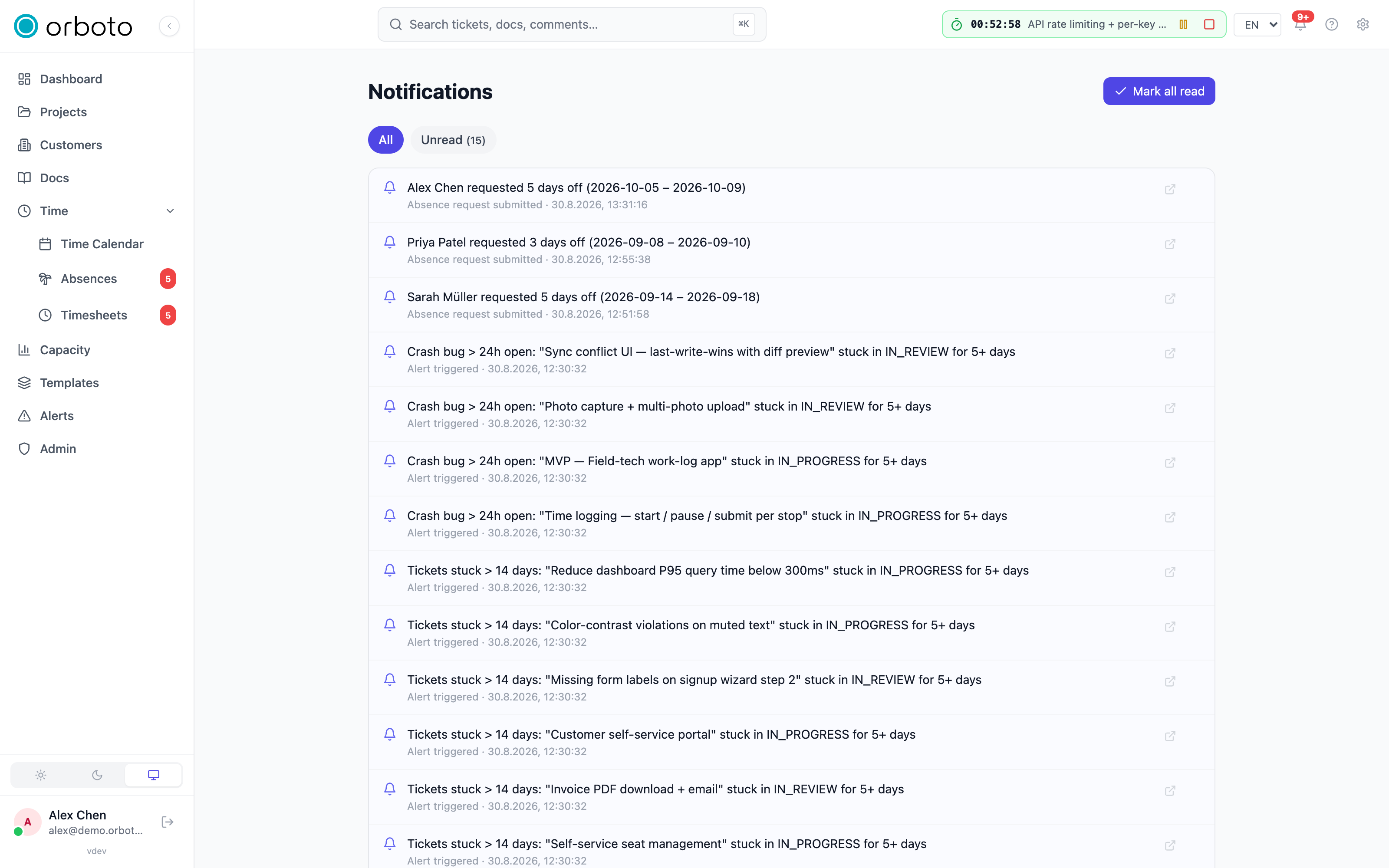 The notifications inbox with a list of items and mark-all-read