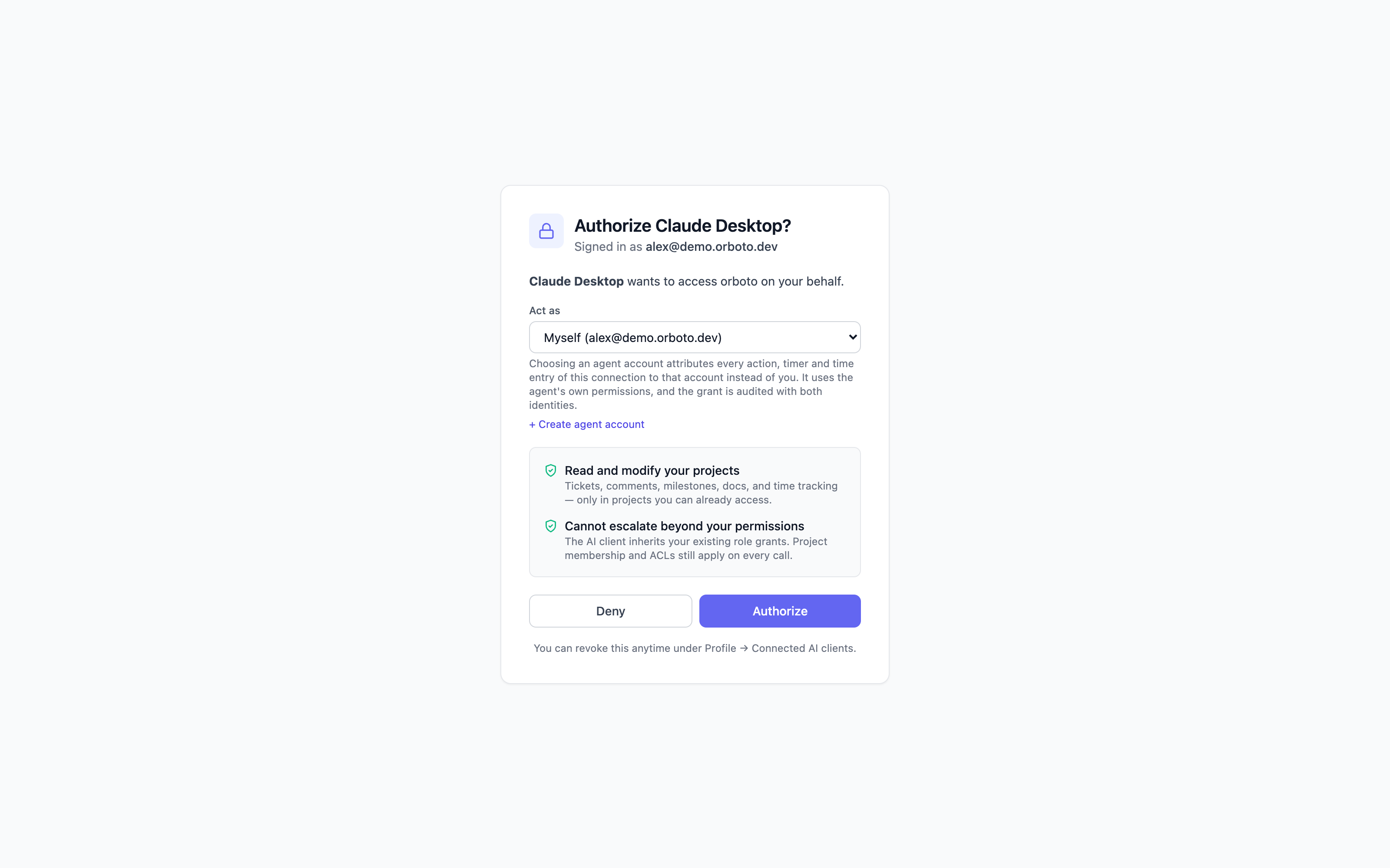 The orboto MCP consent screen with the identity picker