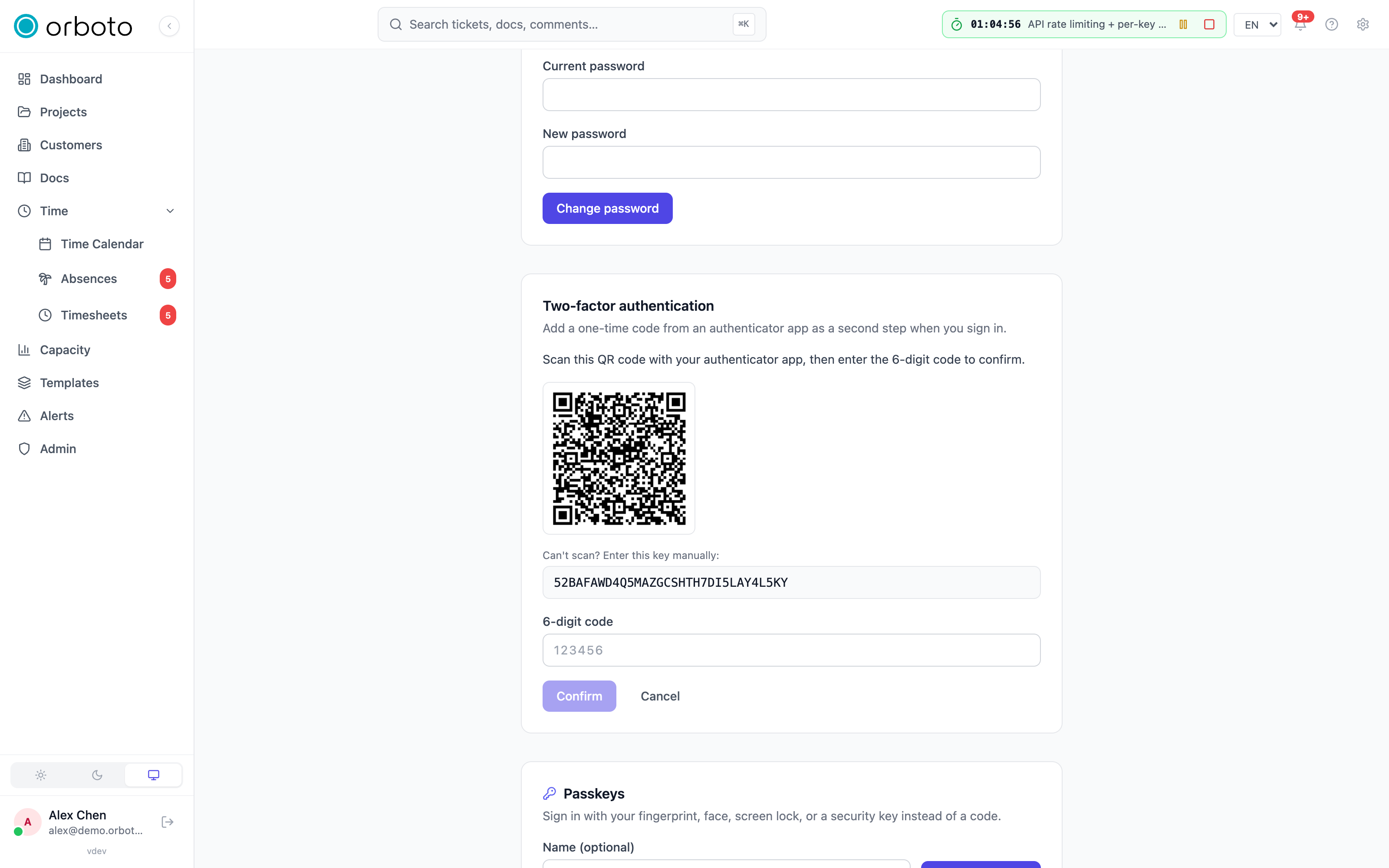 The 2FA enrolment dialog with the QR code and manual secret key