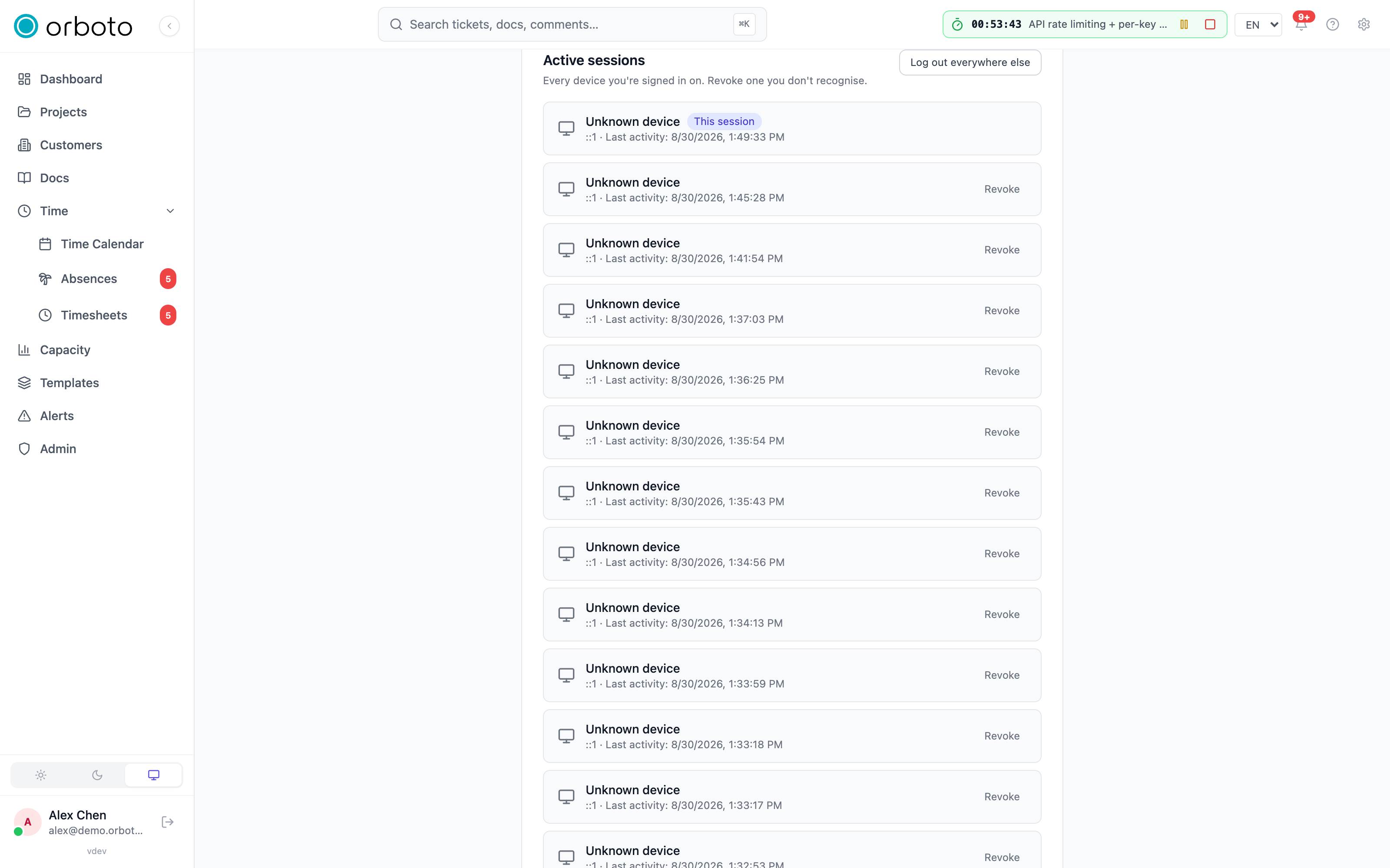 The active-sessions list with a revoke button per device