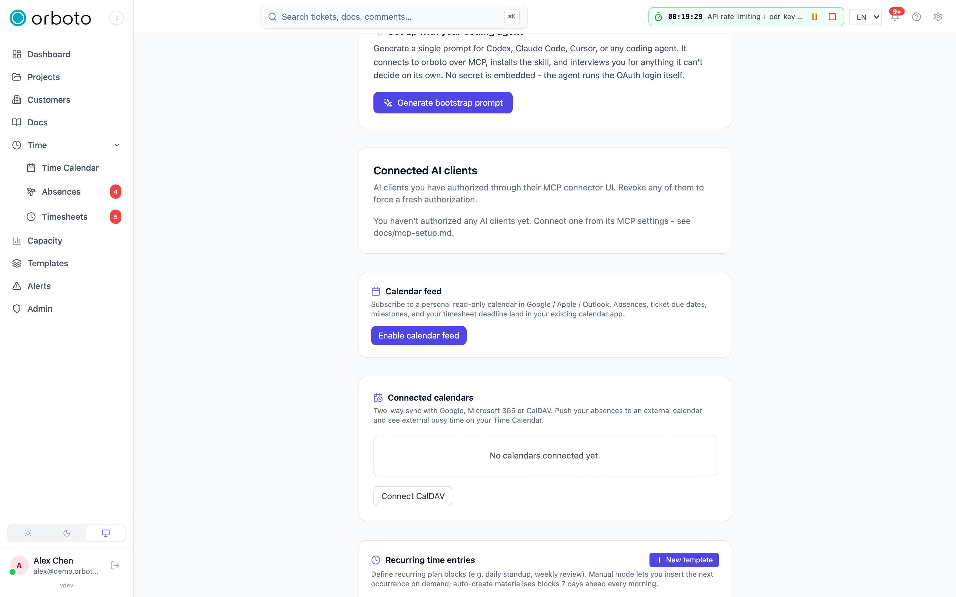 The profile page's calendar feed card with the generated URL and type checkboxes