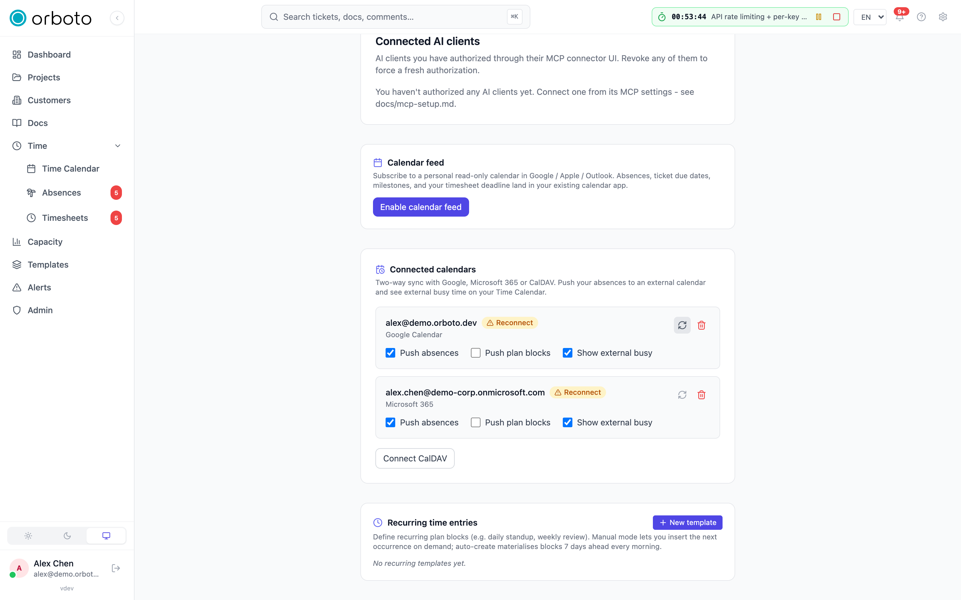 The profile page's connected-calendars list with provider icons and a resync/disconnect action per account