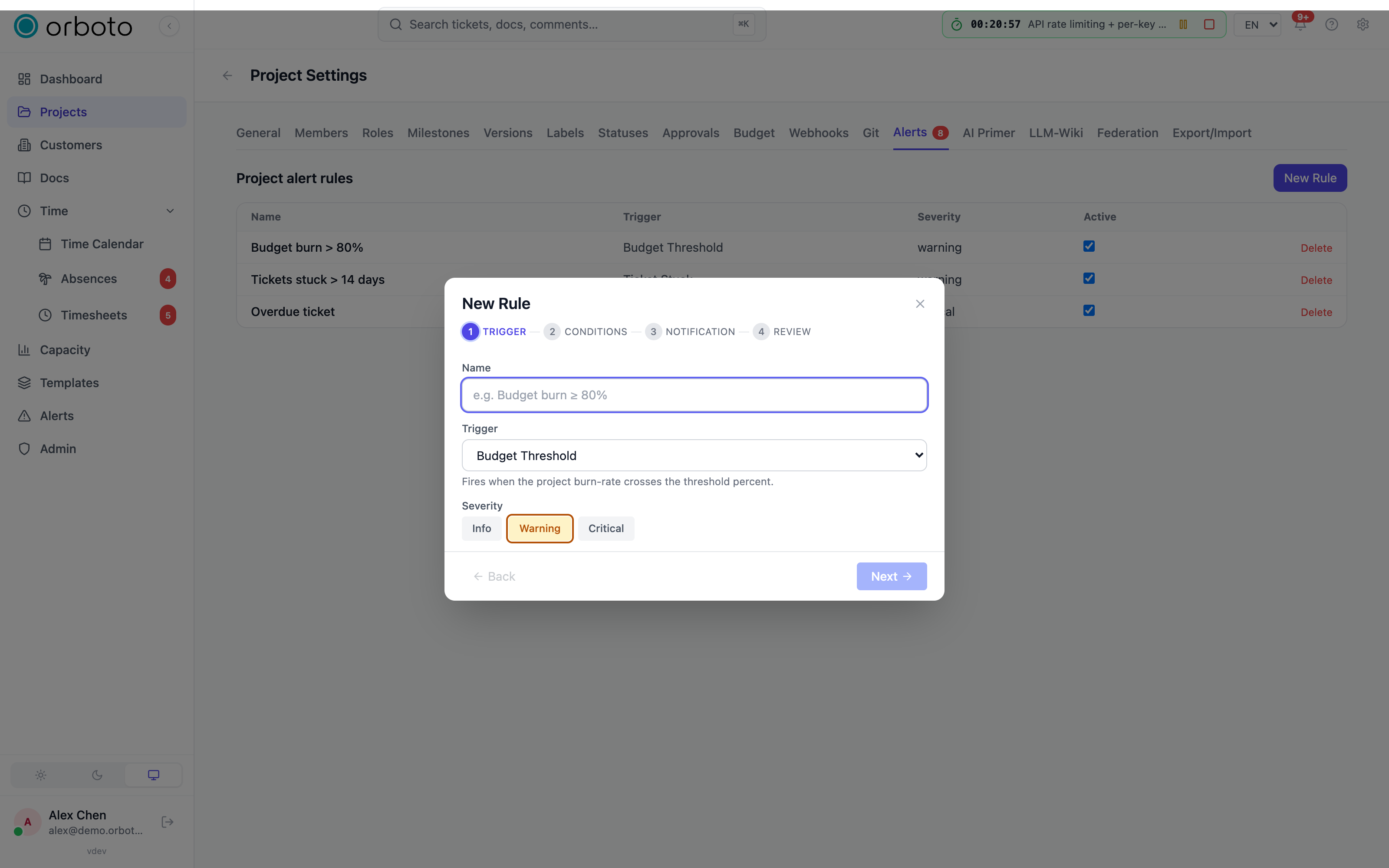 The alert rule wizard with the trigger picker