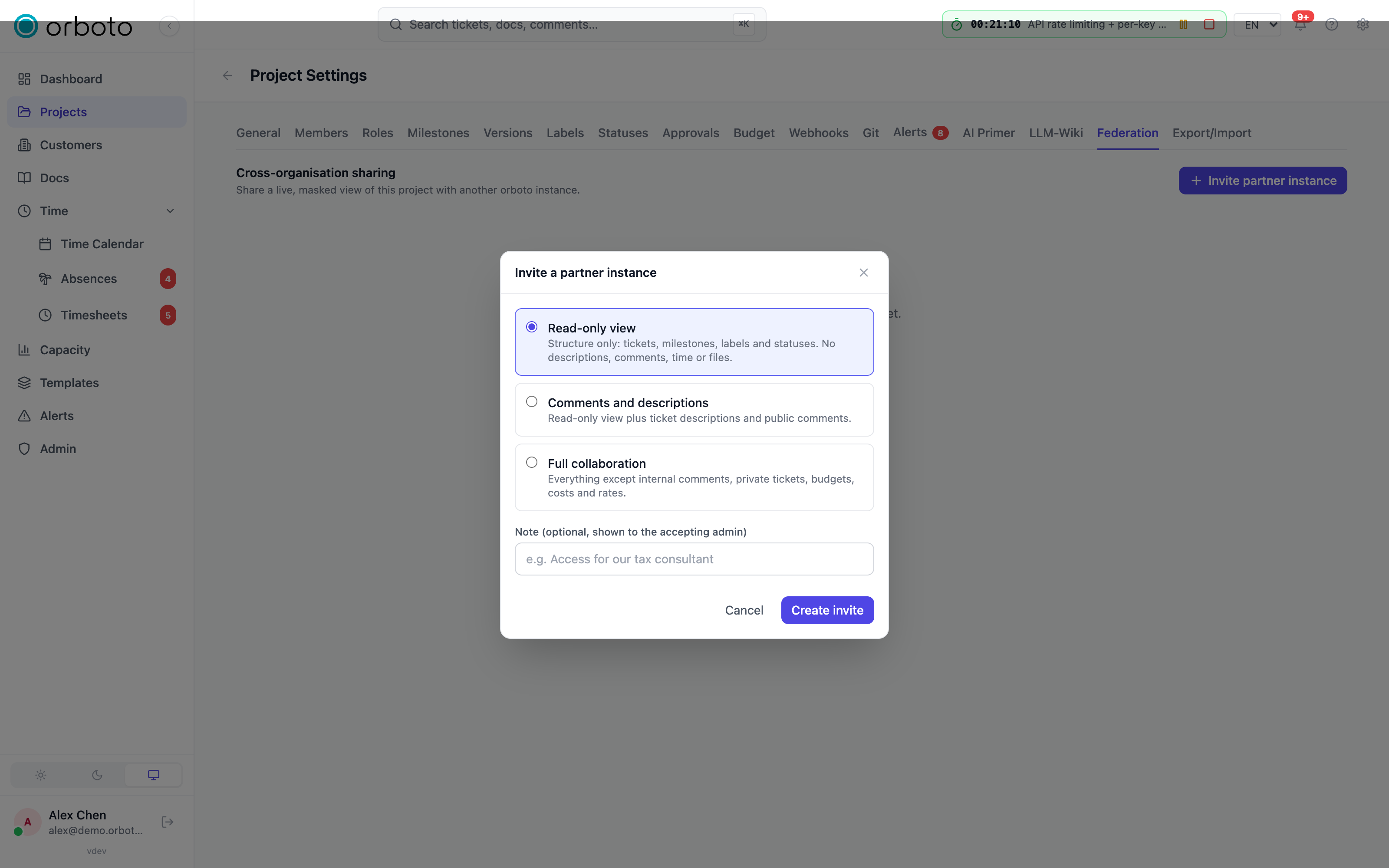 The federation invite dialog with sharing presets