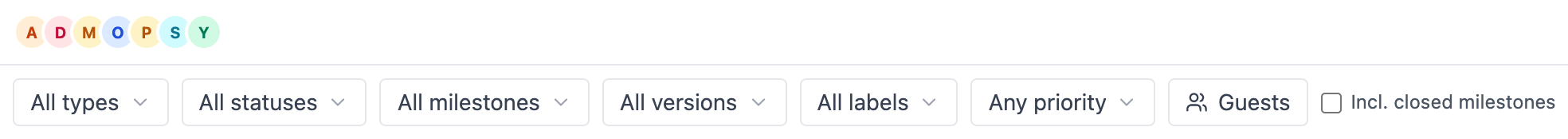 The filter bar with the assignee avatar row and the type, status, milestone, version, label and priority filters