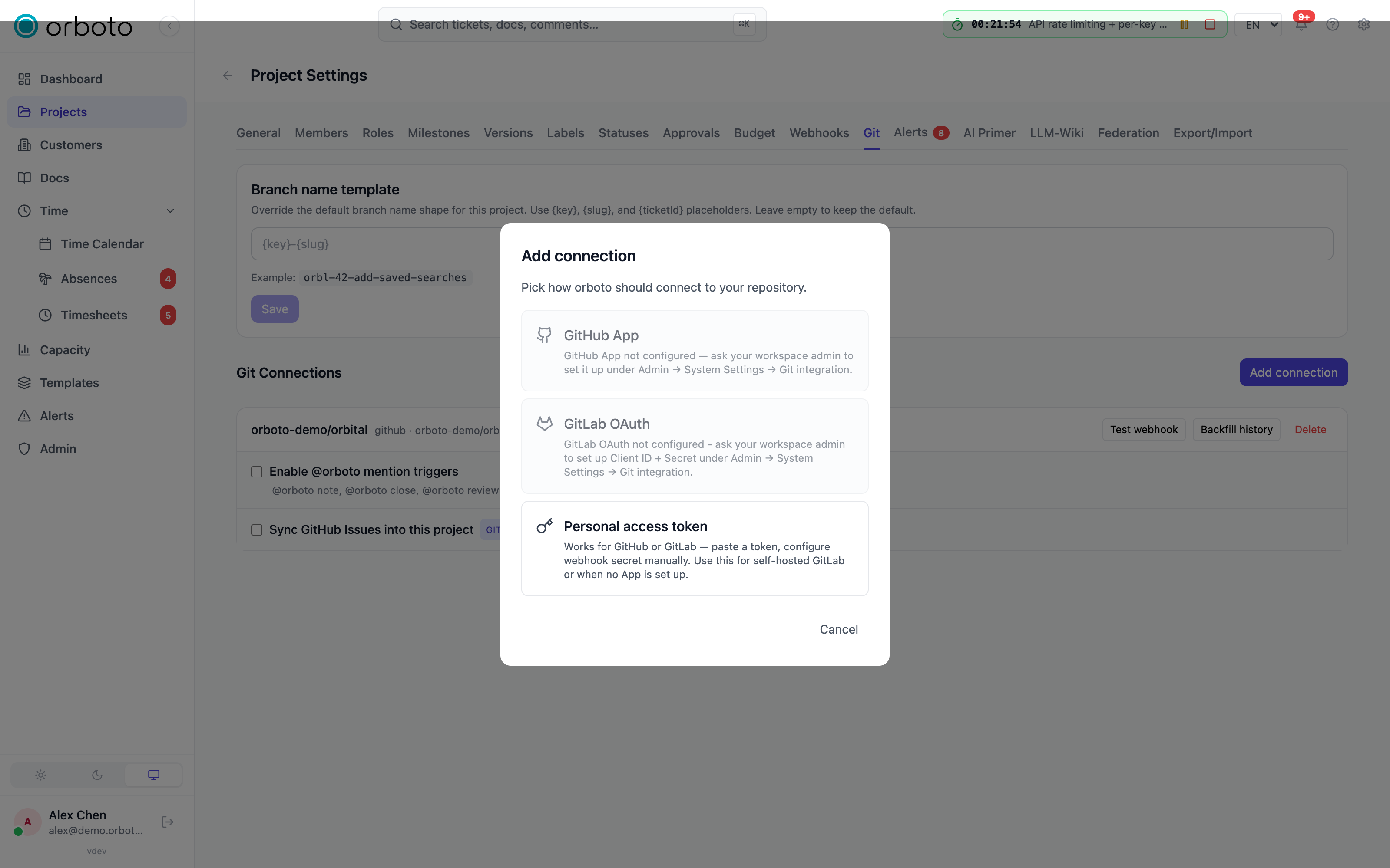 The add-connection picker on the project Git tab