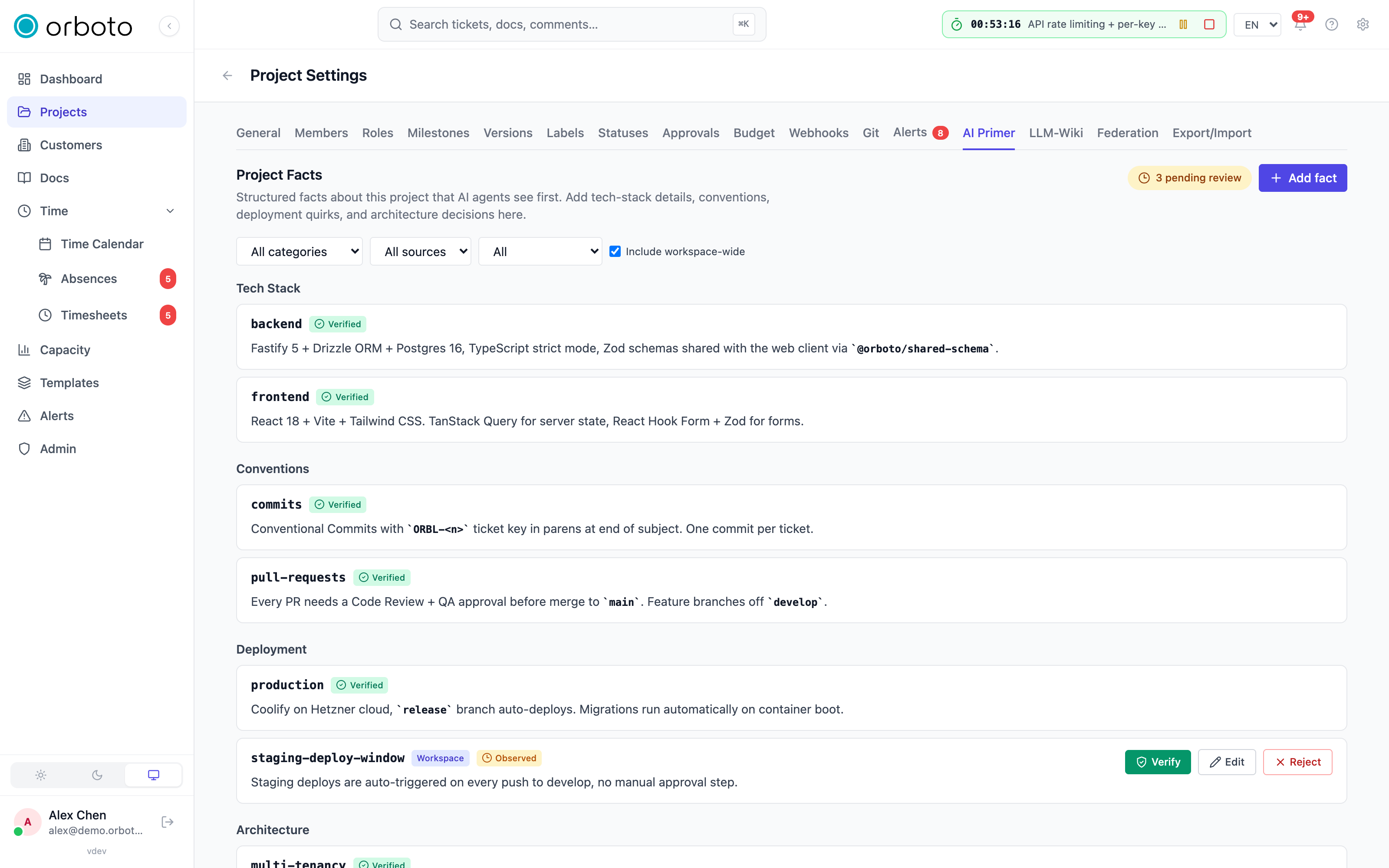 The project settings AI primer tab with the list of primer facts and the add-fact form