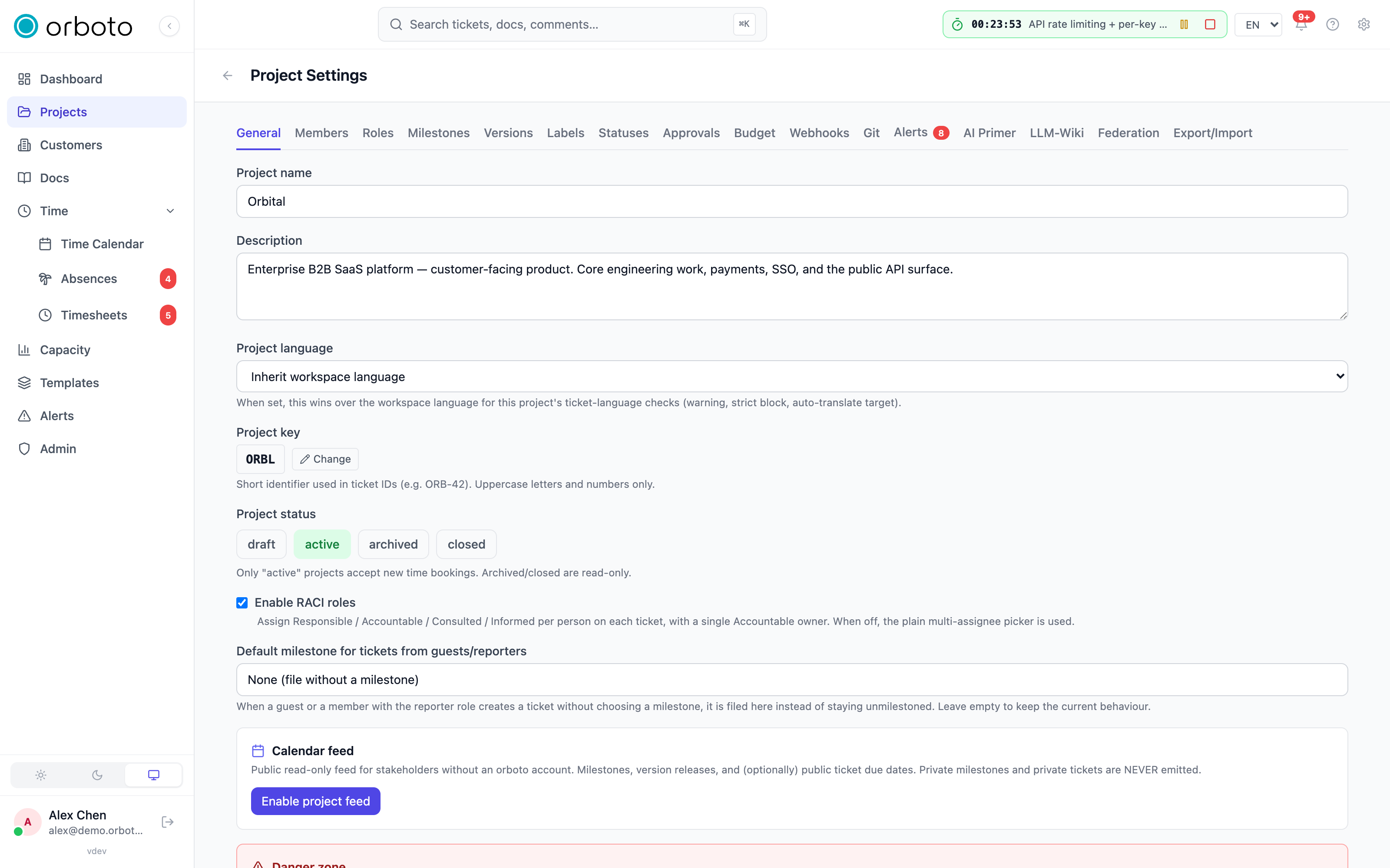 The Enable RACI roles setting in project settings