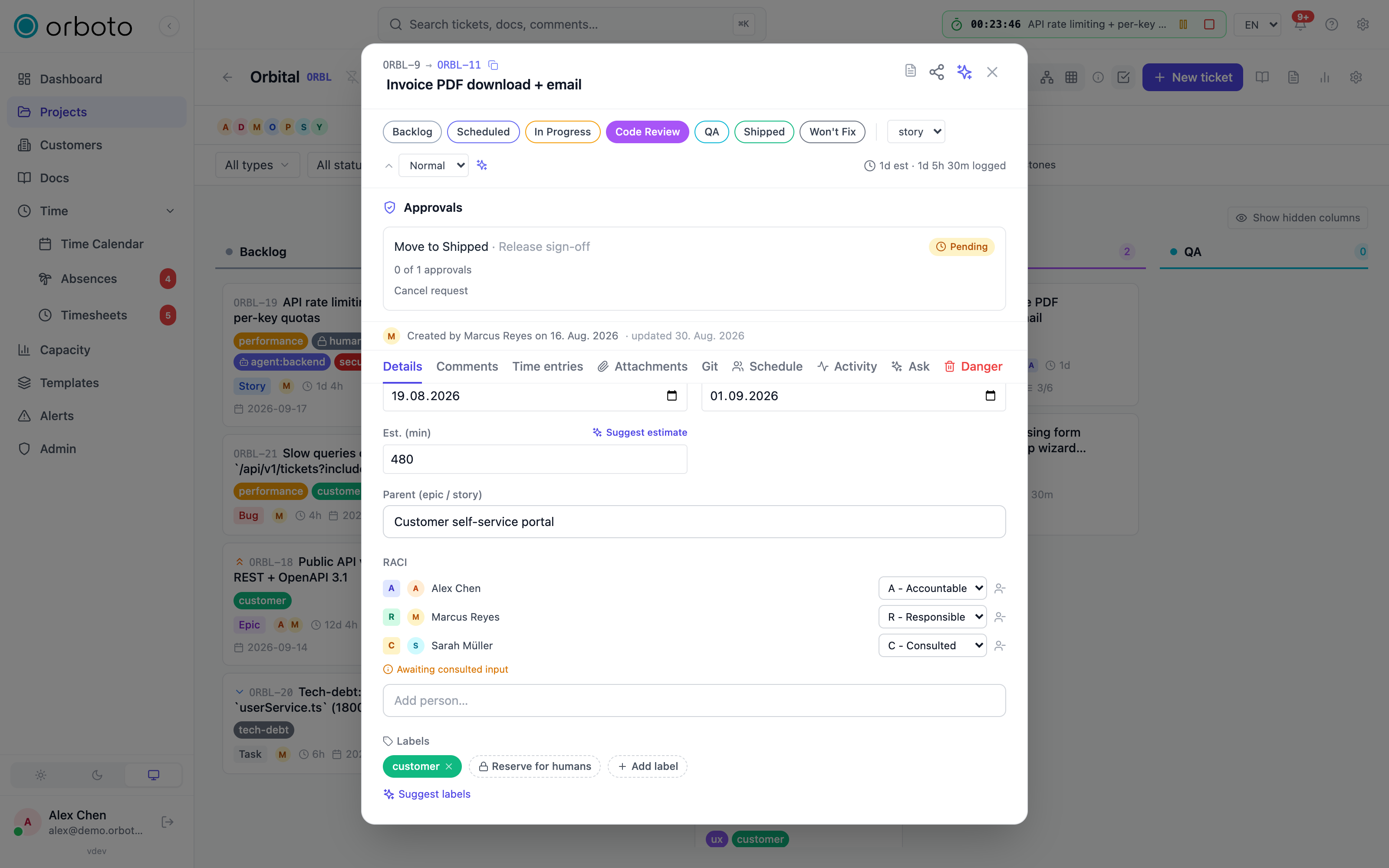 The RACI role editor on a ticket with role badges
