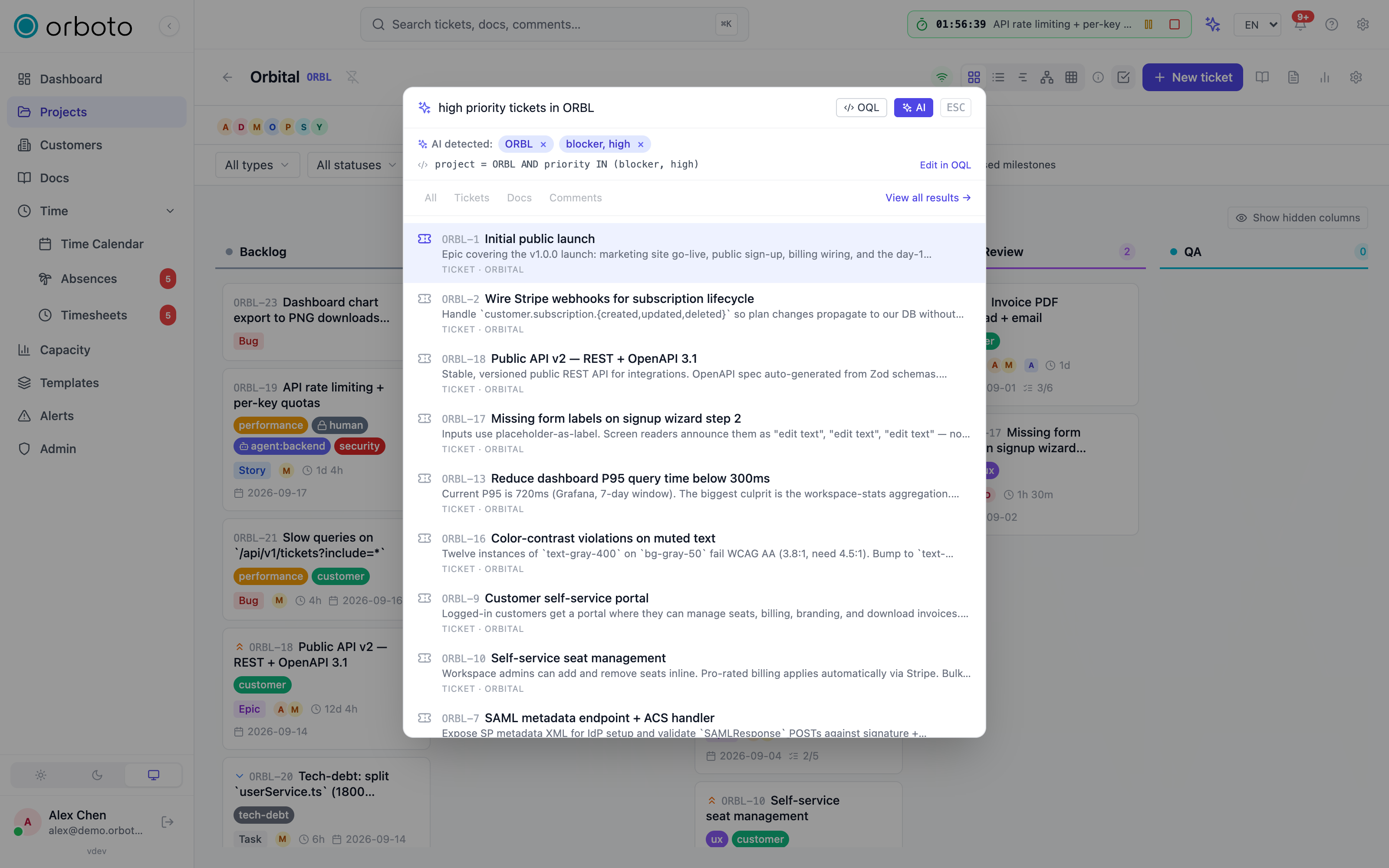 The search palette in AI mode turning a plain-language request into a filtered ticket list, with the detected filters shown as chips above the results