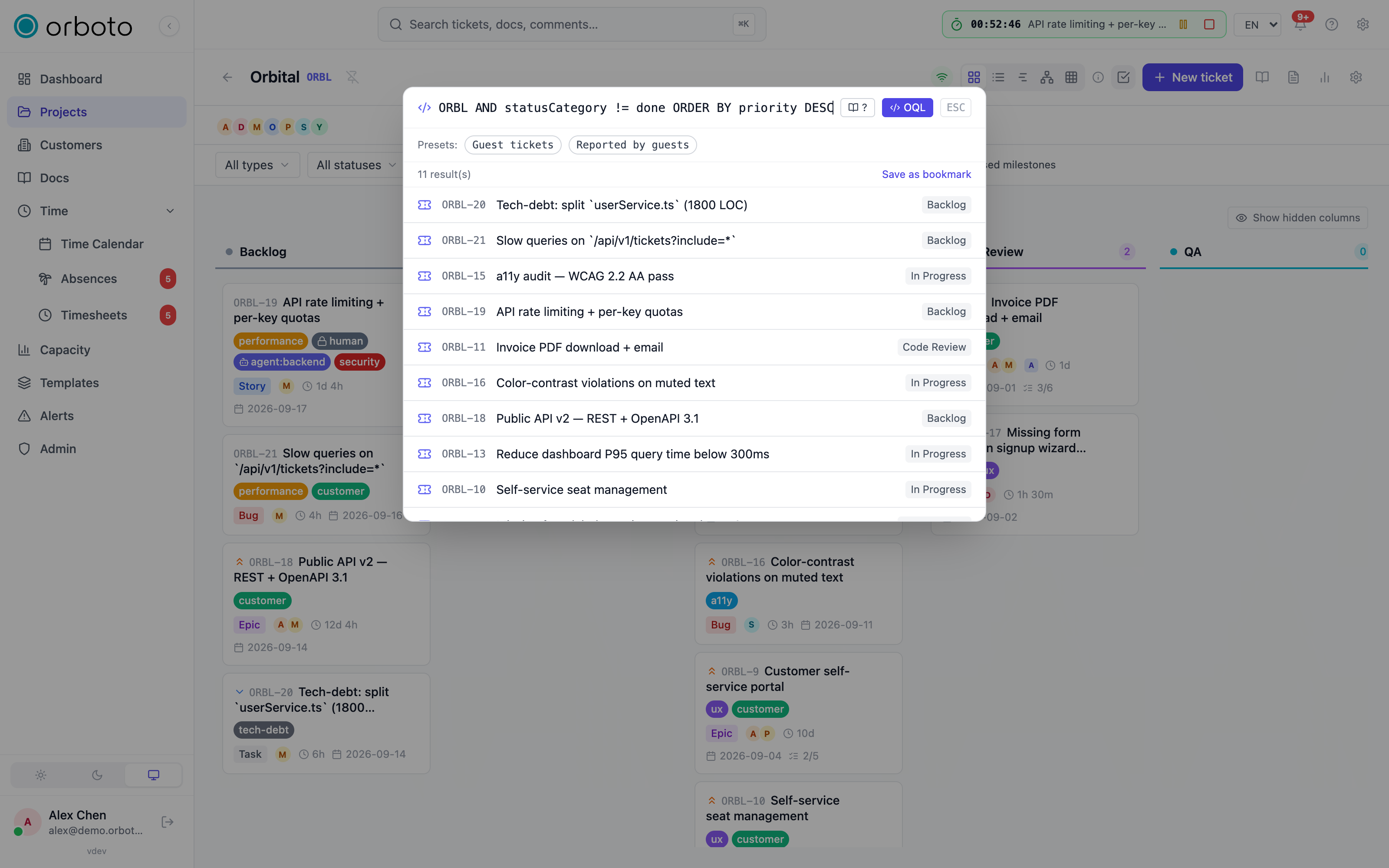 The search palette in query mode with an OQL expression and a result count