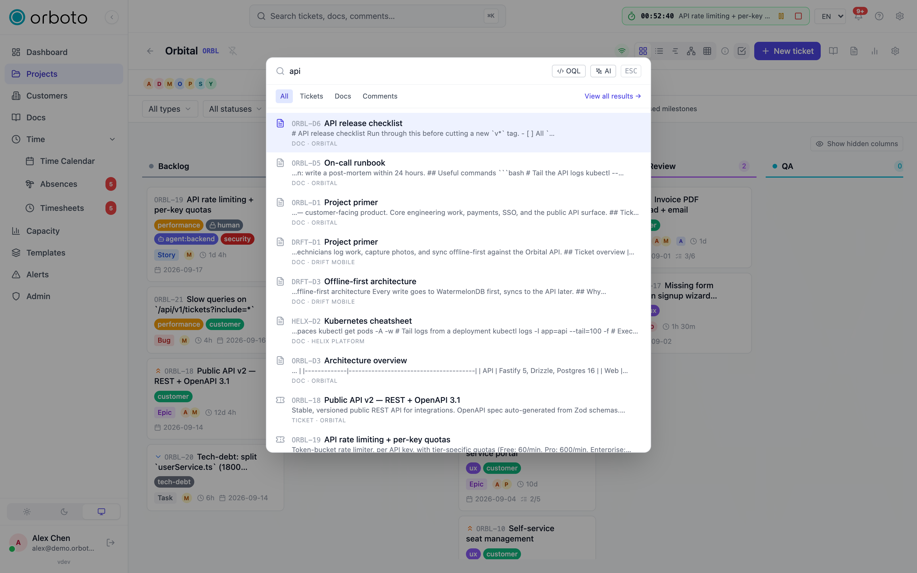 The search palette open with a query and grouped results