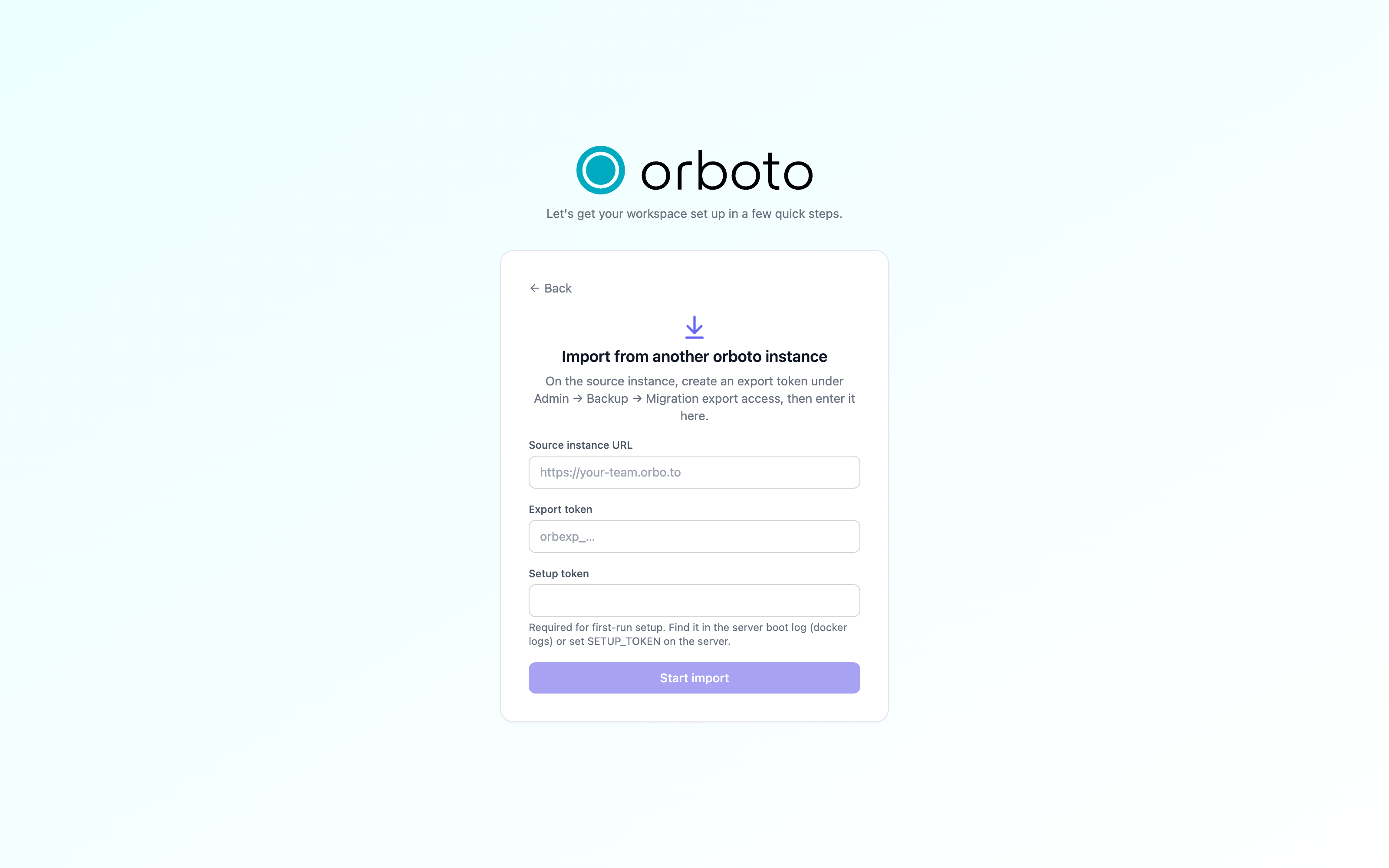 The import form with source URL, export token and setup token fields