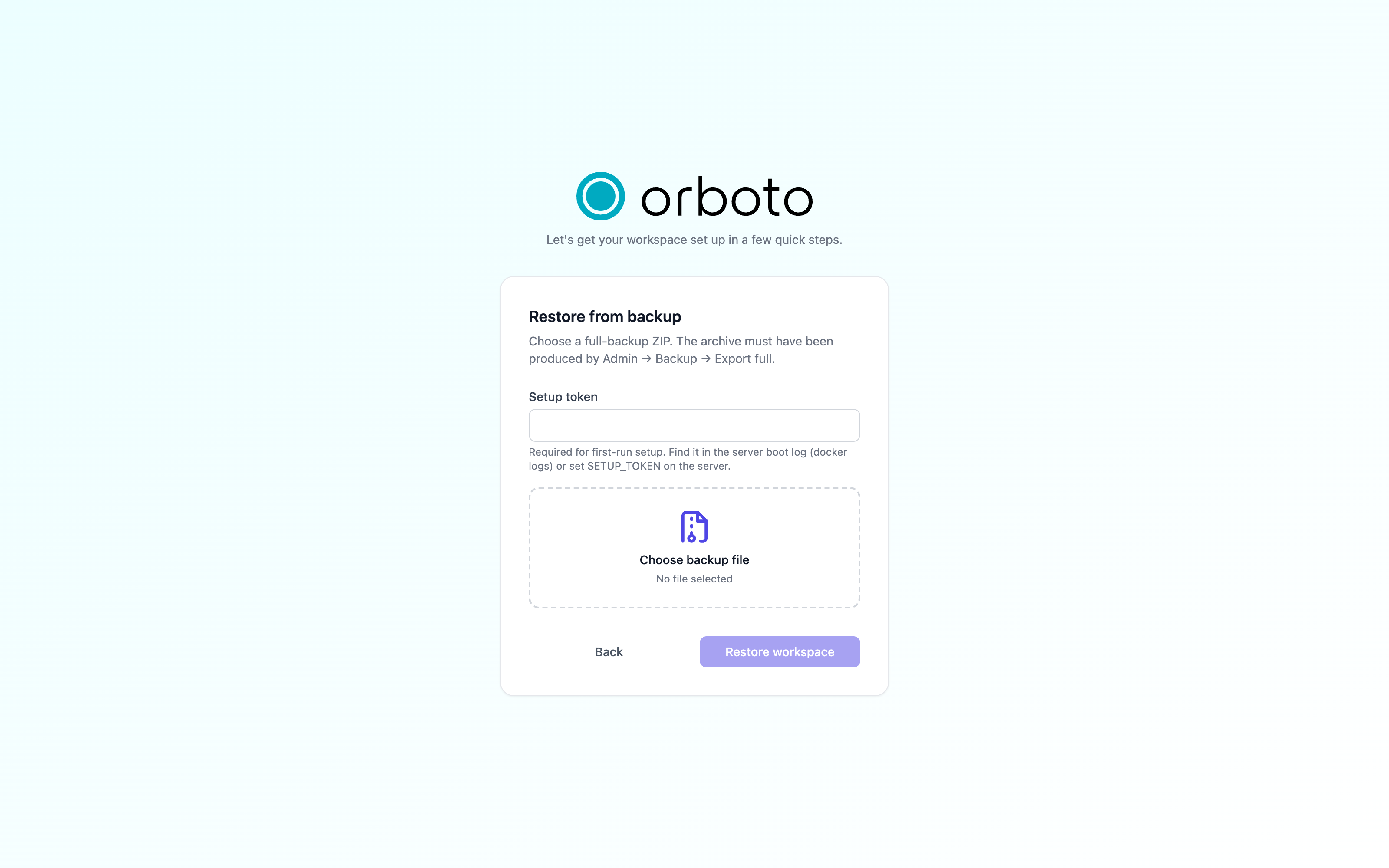 The restore step with the setup-token field and the archive file picker