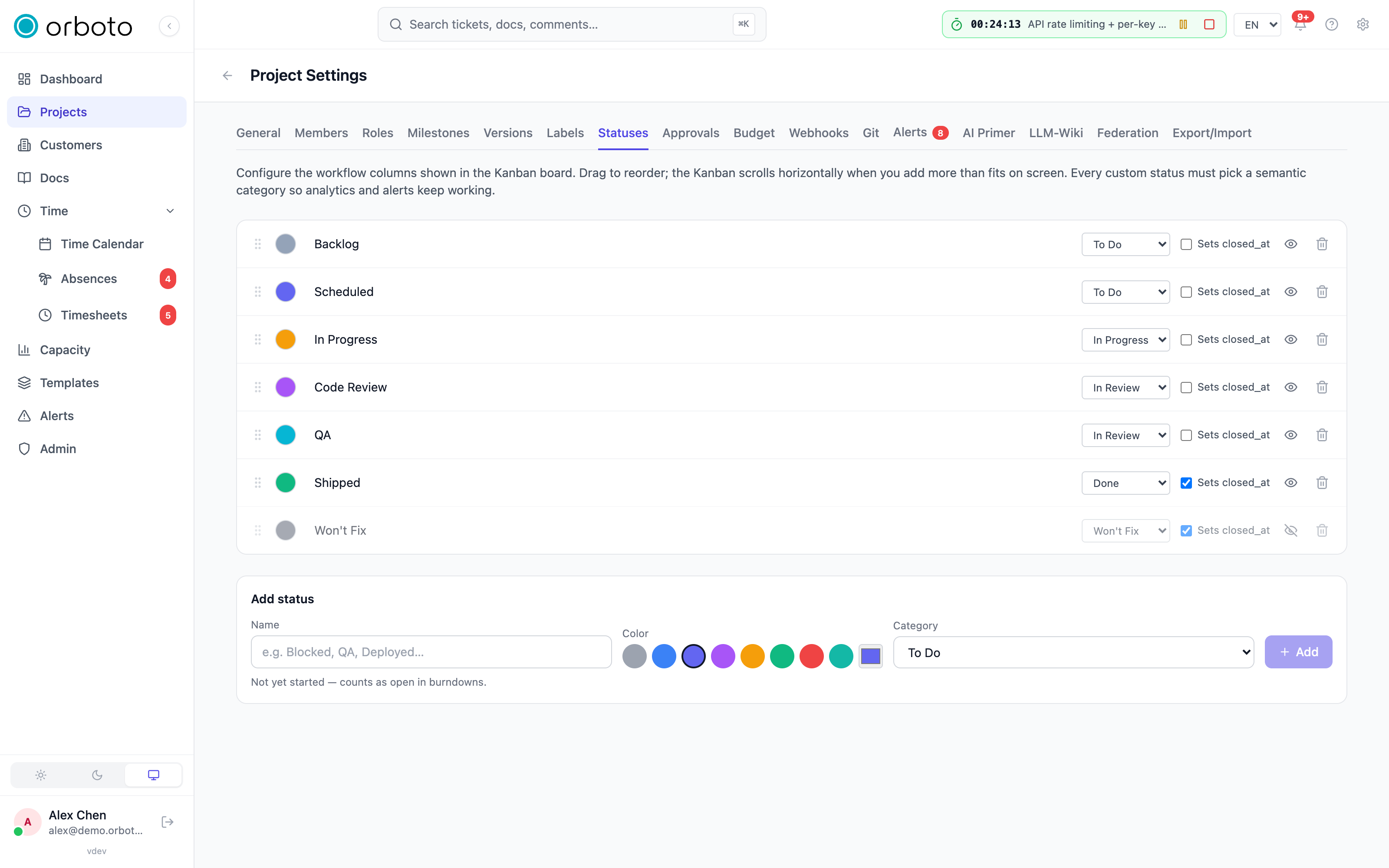 The Statuses tab with status rows and the add-status form