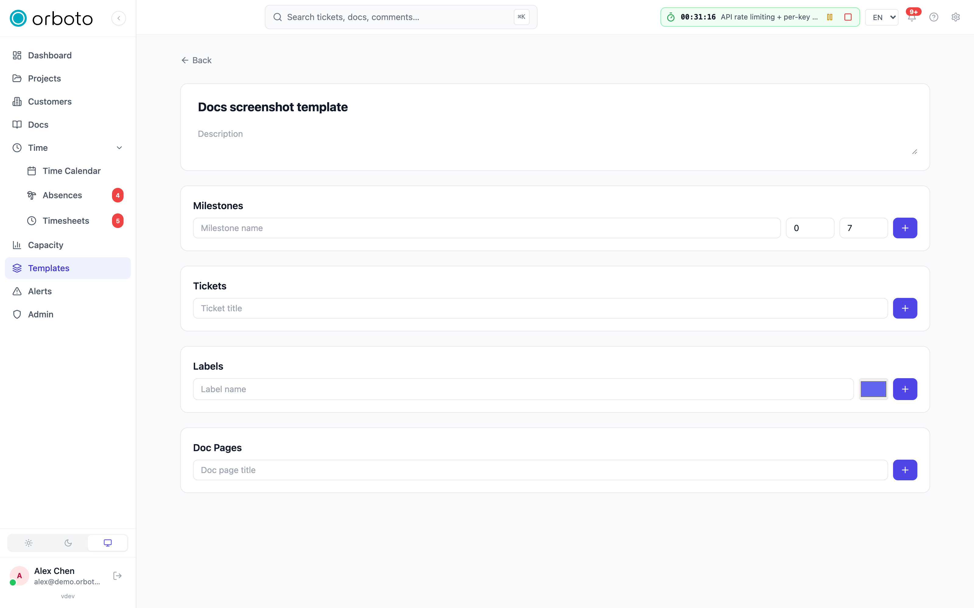 The template editor with milestone, ticket, label and doc-page sections