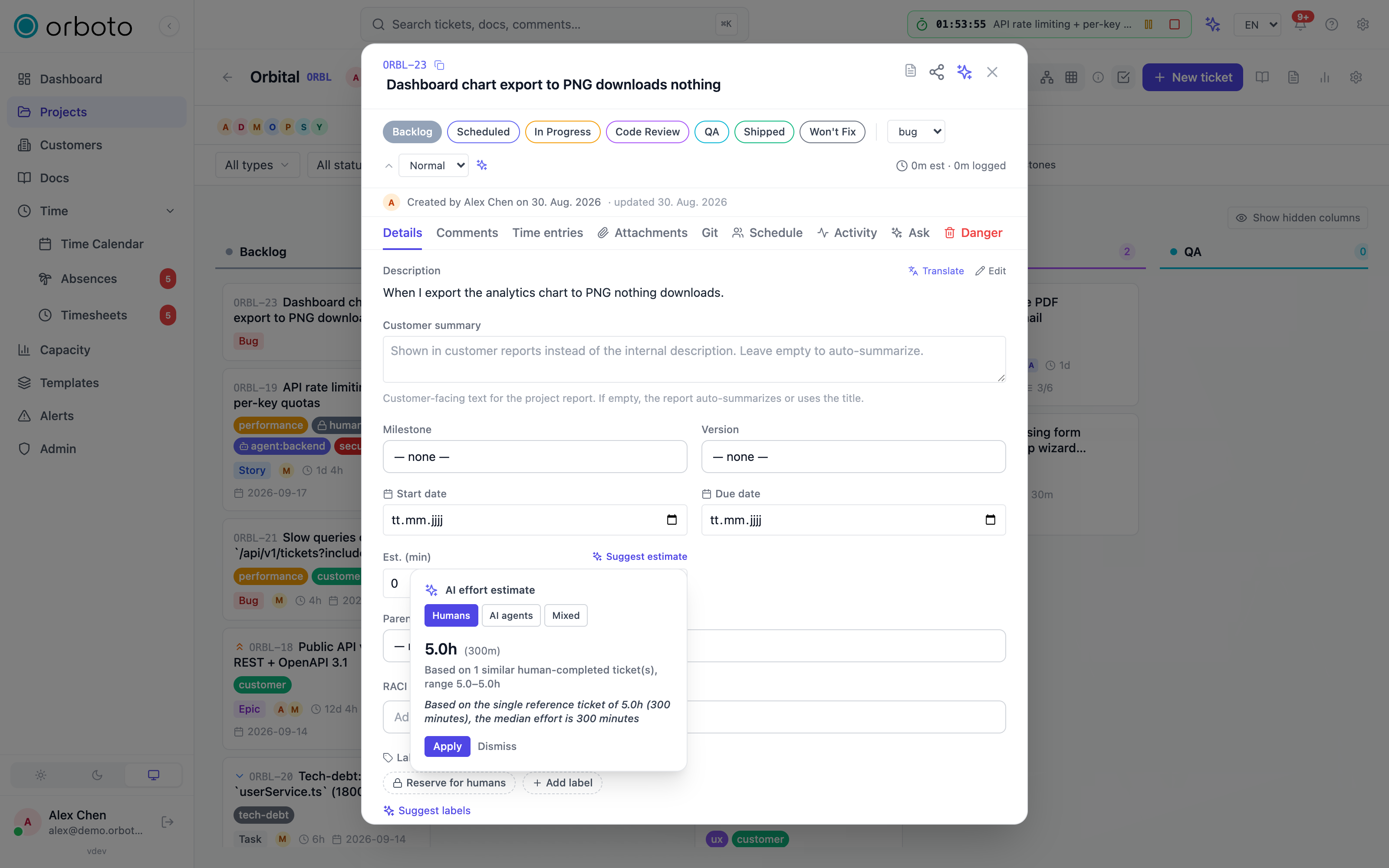 The AI effort estimate pop-over on a ticket showing the audience picker, the suggested hours with their range and rationale, and the Apply button