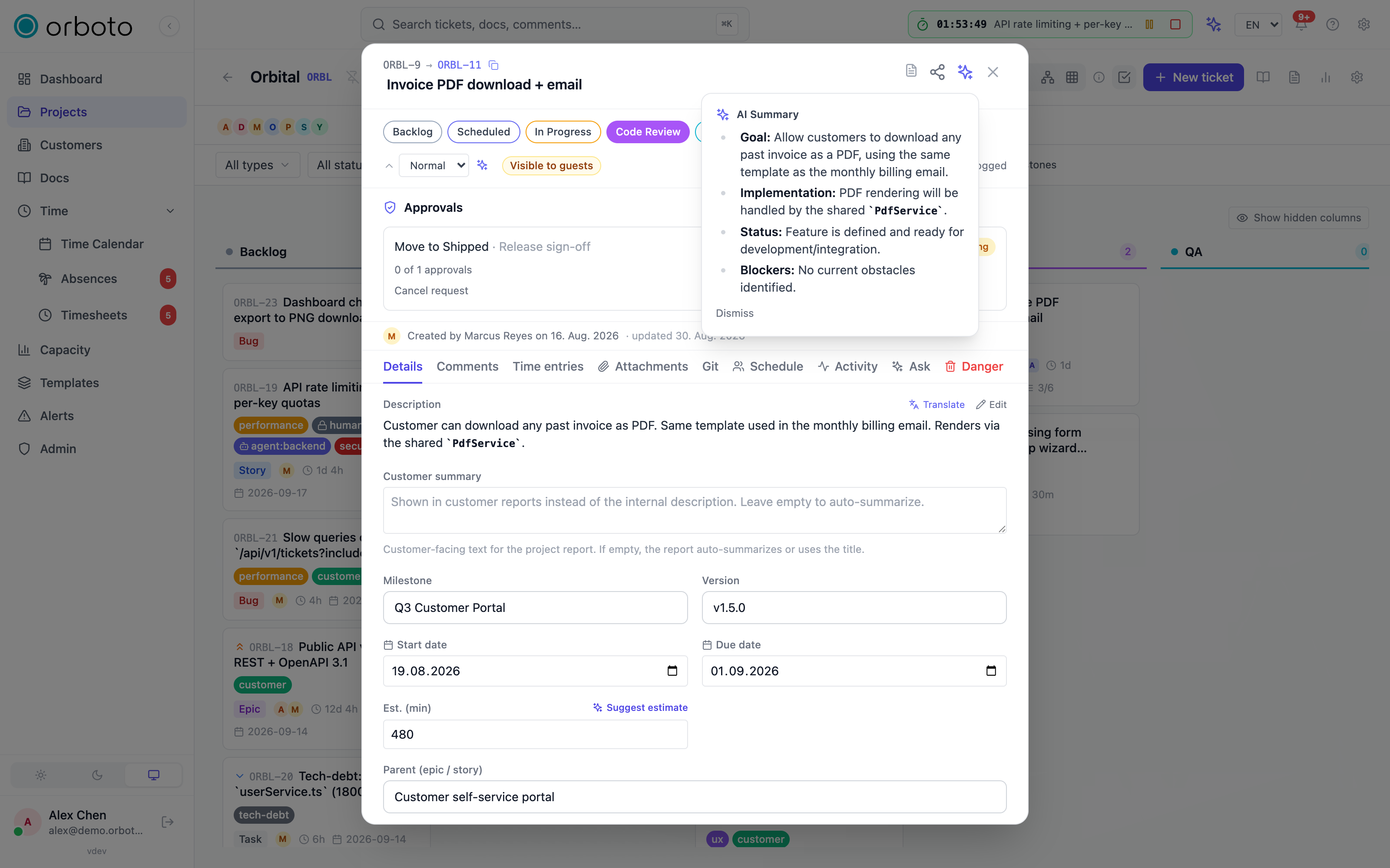 The Summarize action on a ticket showing an AI-written summary pop-over next to the ticket's AI actions menu