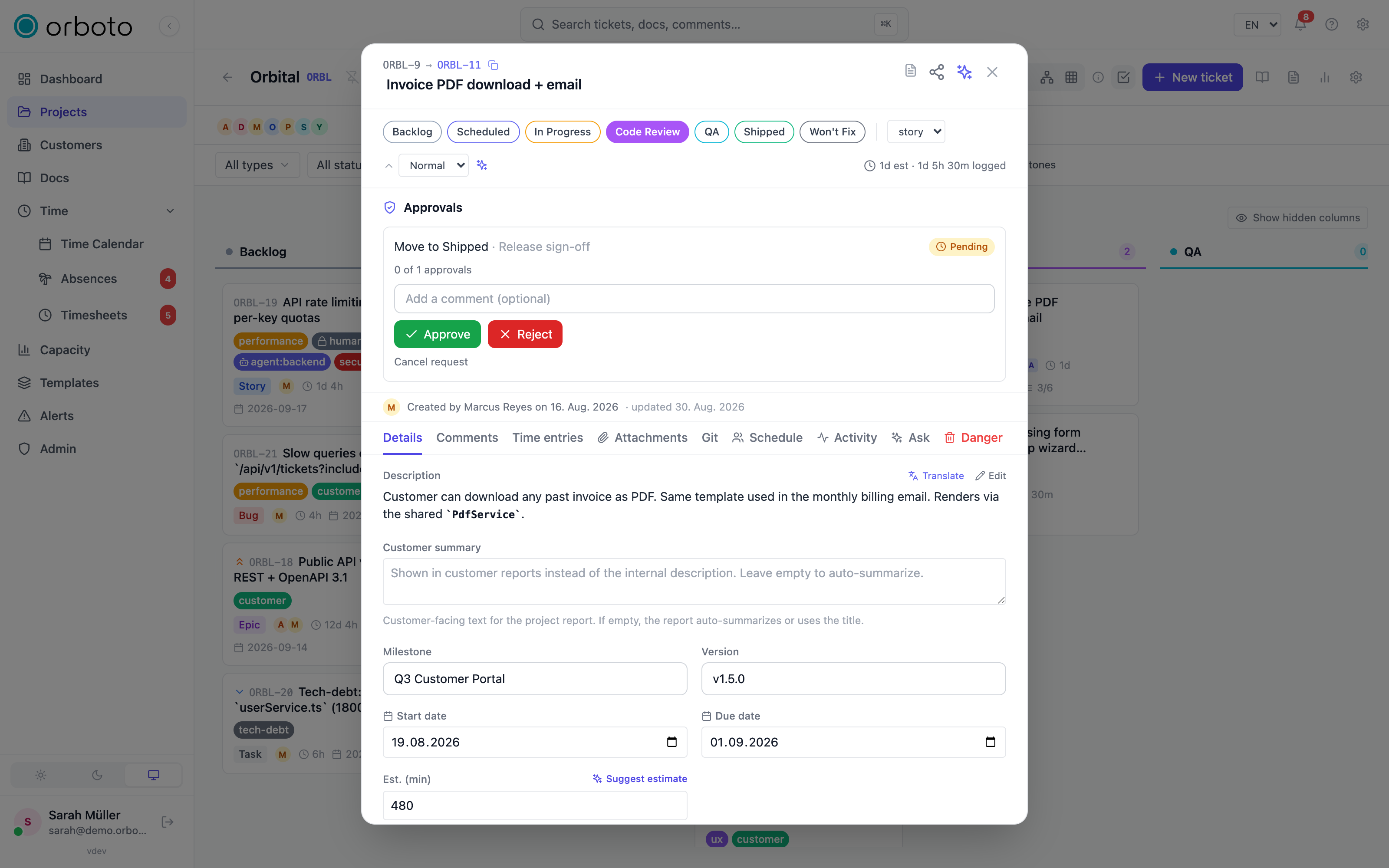 The Approvals panel on a ticket with progress and the approve and reject buttons