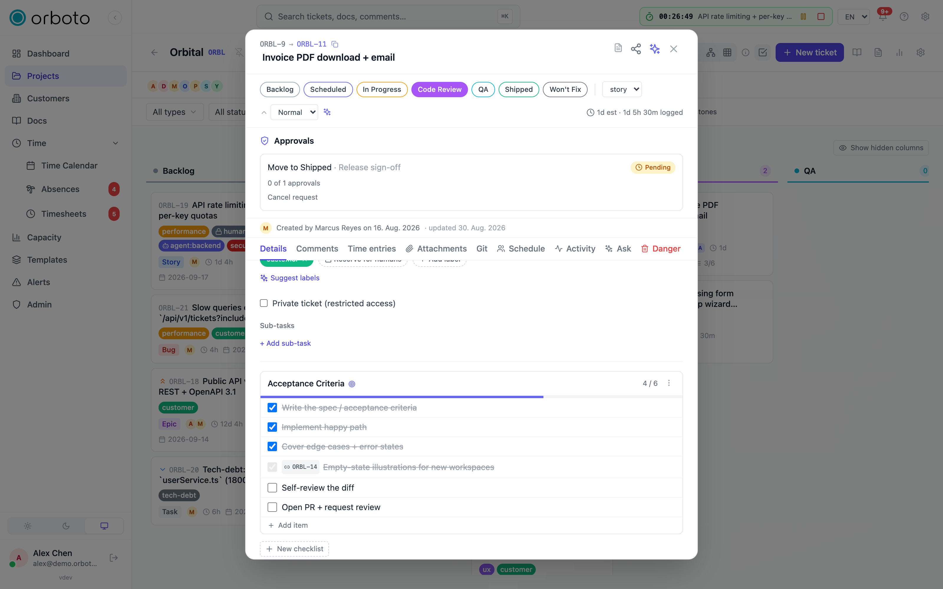 A ticket checklist with completed items and one item linked to another ticket