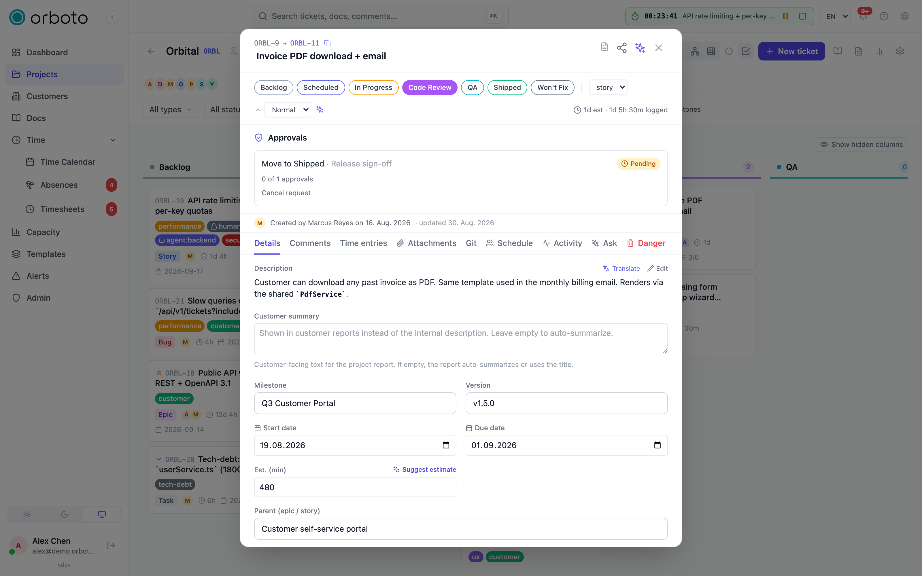 The ticket detail panel with description, sidebar fields and the comment thread