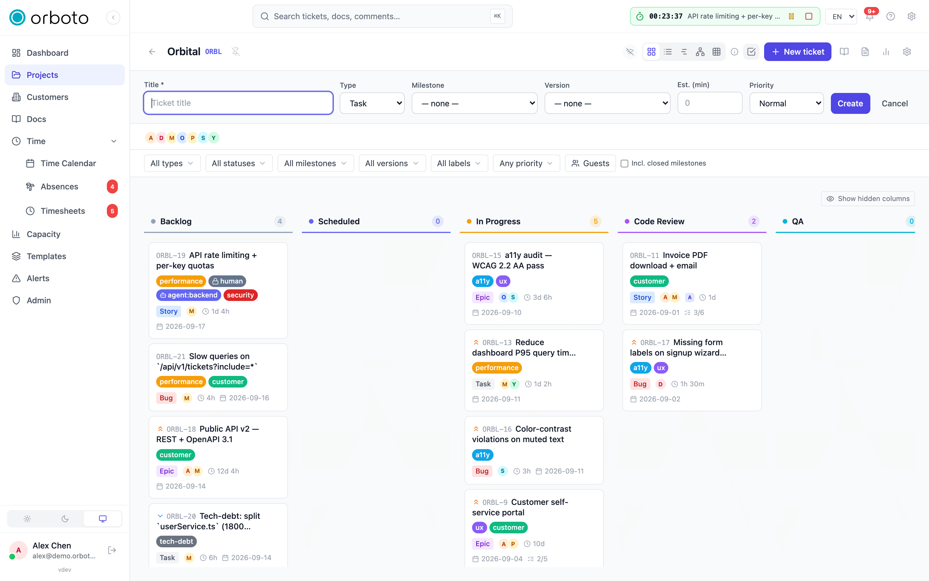 The new-ticket form with title, type, priority and milestone fields