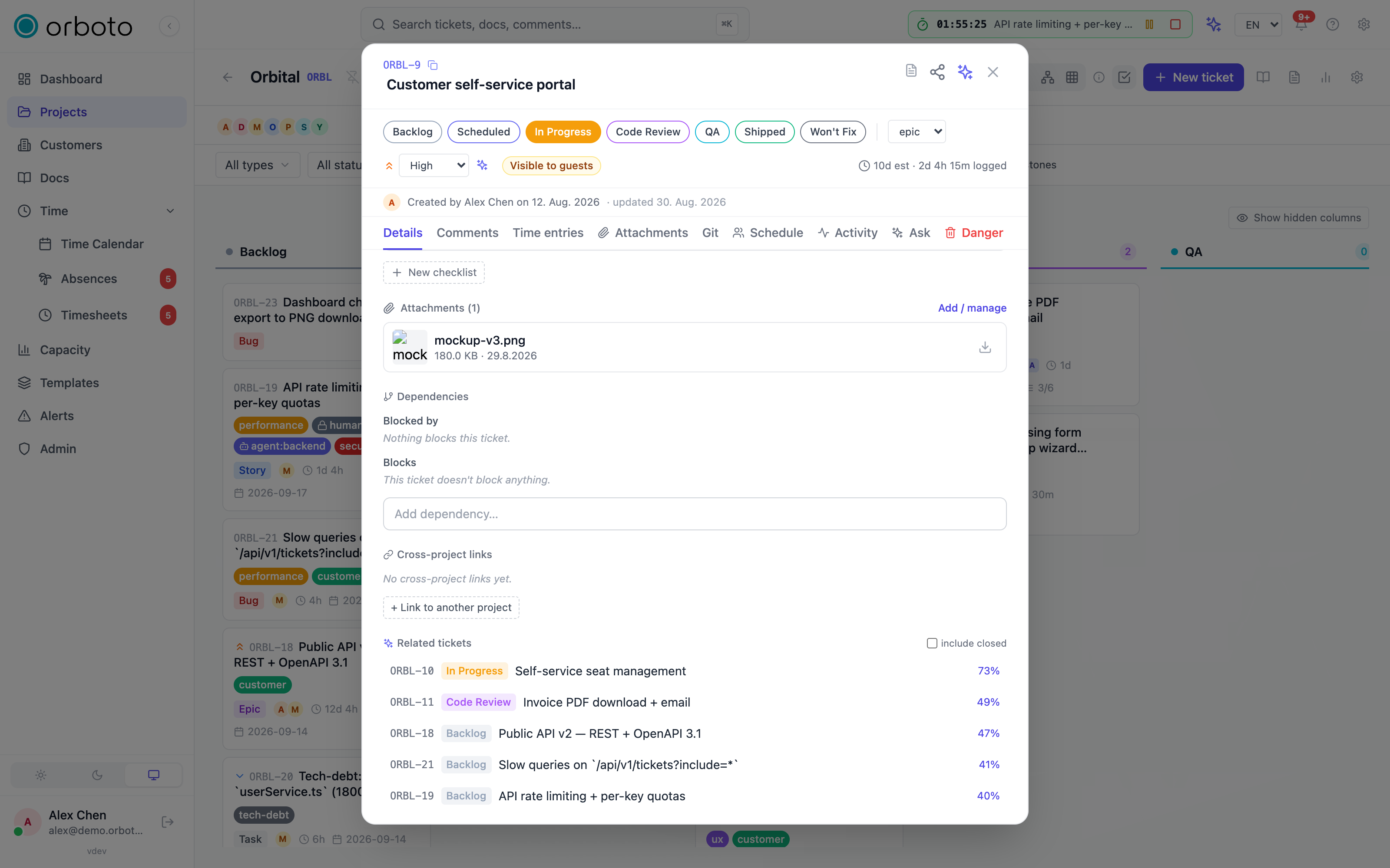 The Related tickets panel in the ticket detail view listing five similar tickets with status badges and similarity percentages