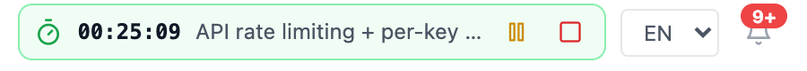The running timer in the top bar with pause and stop controls