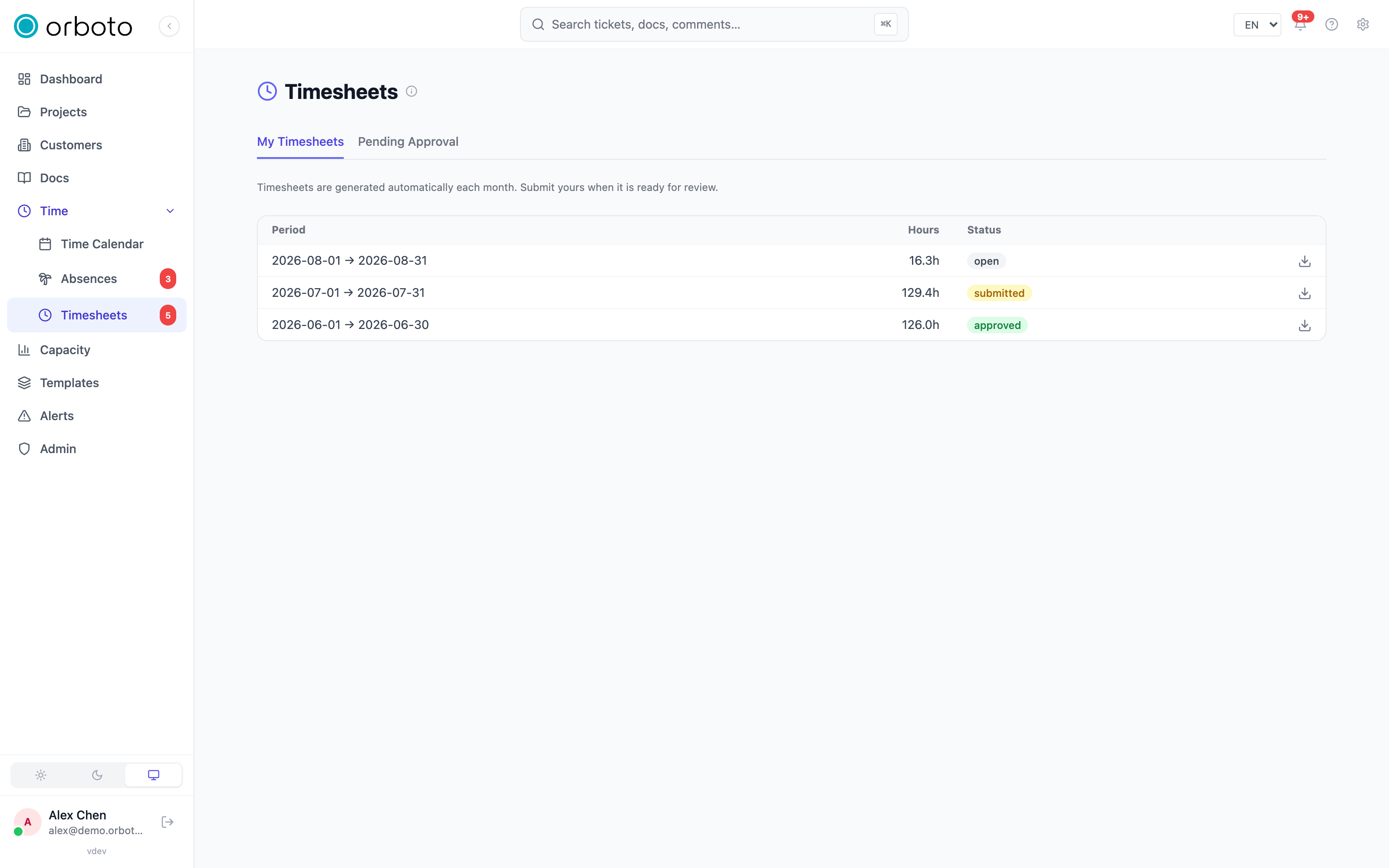 Monthly timesheets