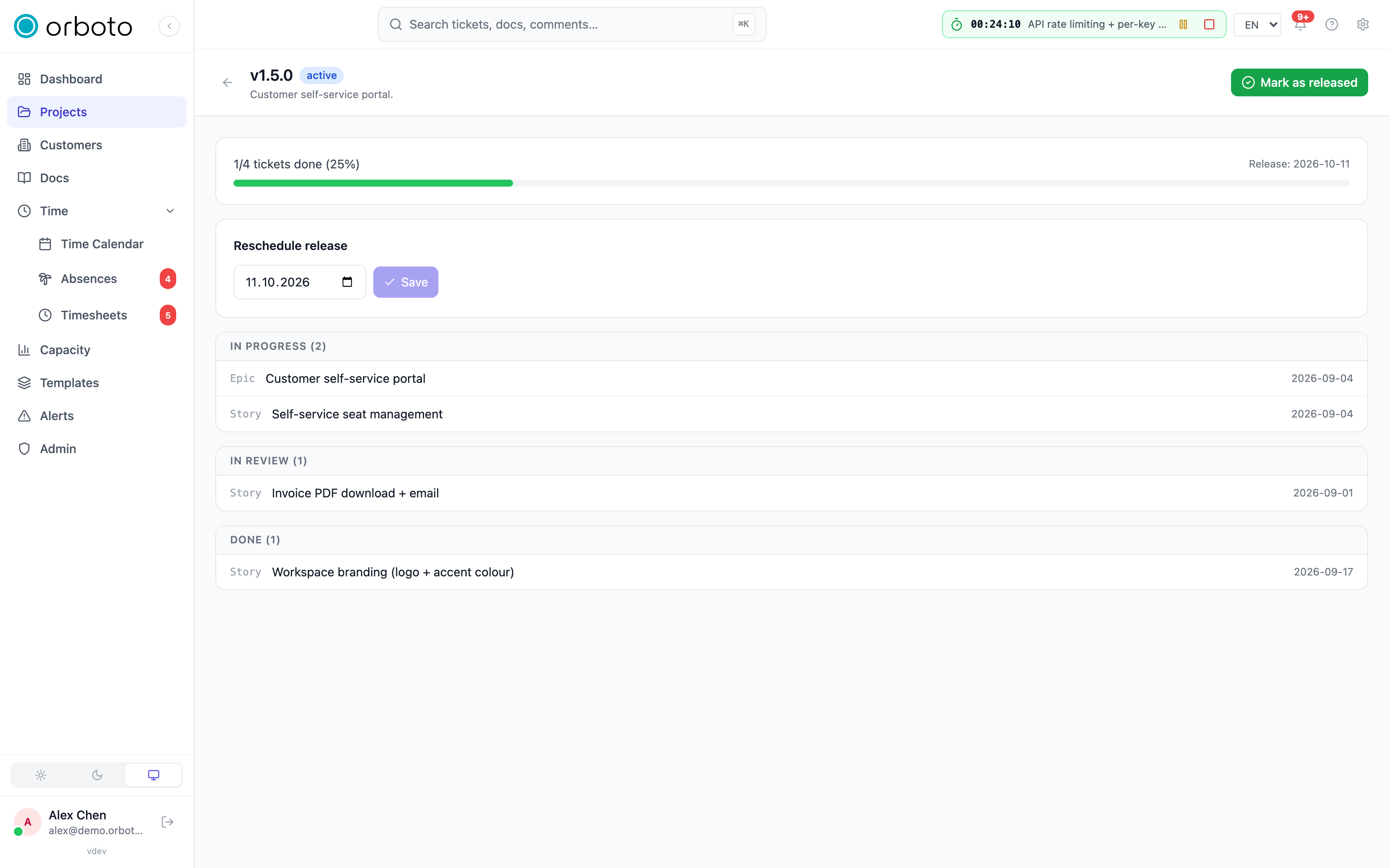 The version overview page with tickets grouped by status