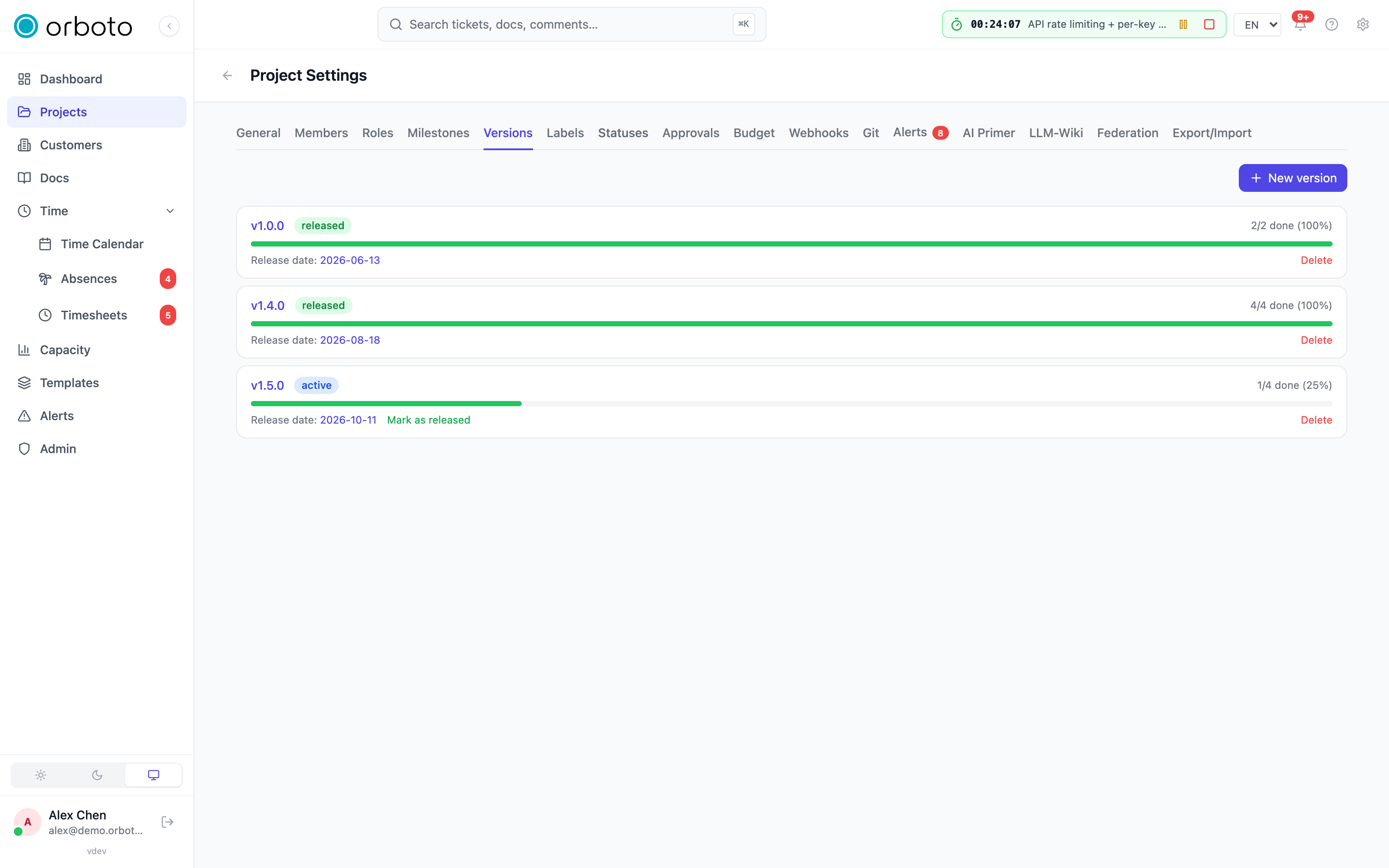 The versions list in project settings with status badges and progress